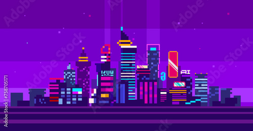 Abstract Urban Cityscape background in 8-Bit Retro Game style pixel graphics. Futuristic night city landscape panarama in cyberpunk style. Abstract neon urban cityscape. Pixel skyscraper 
 photo