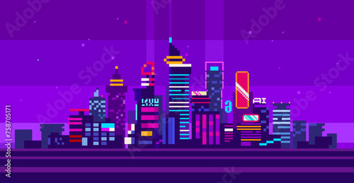 Abstract Urban Cityscape background in 8-Bit Retro Game style pixel graphics. Futuristic night city landscape panarama in cyberpunk style. Abstract neon urban cityscape. Pixel skyscraper 
