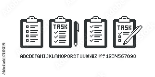 Retro Pixel Game style Note Task List isolated vector icon set. Checklist of completed tasks pixel perfect retro 8-Bit game graphics. Checklist data in pixel graphics style. To Do List icon