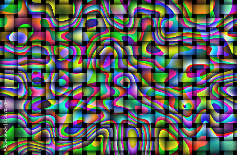 Kolorowa tkana tekstura. Splecenie, krata z wielokolorowym wzorem na czarnym tle . Abstrakcyjne geometryczne tło - obrazy, fototapety, plakaty 