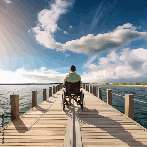Motorized wheelchair user exploring a coastal boardwa