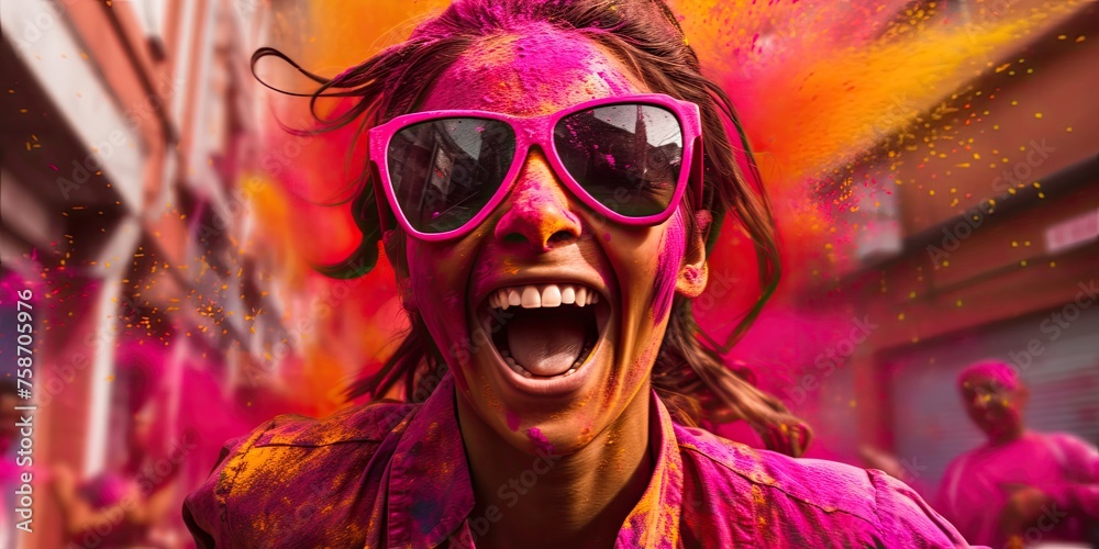 Engulfed in the joyous ambiance of Holi, a woman joins in the celebration with enthusiasm and exuberance. Engulfed in the joyous ambiance of Holi, a woman joins in the celebration with enthusiasm and exuberance.