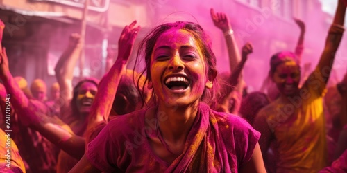 Engulfed in the joyous ambiance of Holi, a woman joins in the celebration with enthusiasm and exuberance.