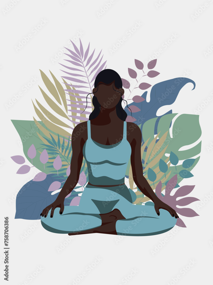 Vector illustration black girl woman in blue tracksuit in lotus position less face on bathanical background Poster, flat yoga illustration, illustration eps 10