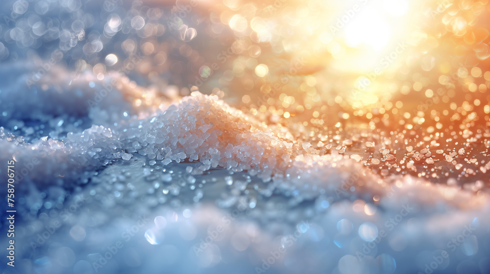 Background with sea salt. White crystals with reflections of light. Abstract background with bokeh effect. AI generative