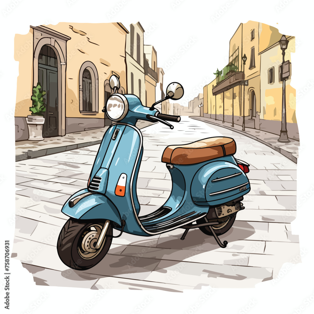 Scooter parked on a cobblestone street in a European