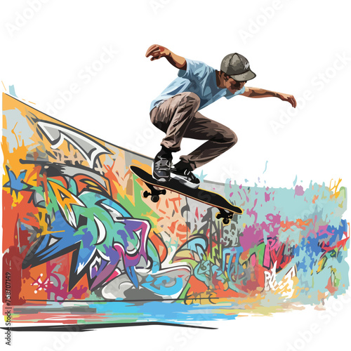 Skateboarder doing tricks on a ramp at a skatepark wi