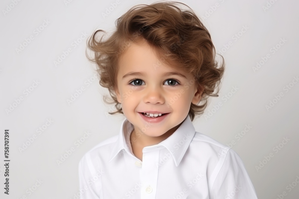 Portrait of a cute little boy in a white shirt on a gray background Portrait of a cute little boy in a white shirt on a gray background