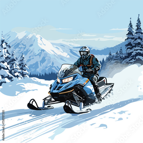 Snowmobile speeding across a snowy landscape