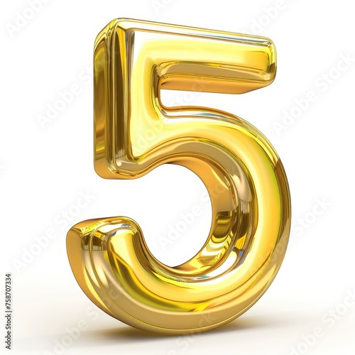 Polished Golden Object of the Number Five. 3D Metal Yellow Icon with Clipping Path