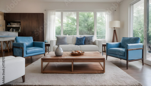 Mid-century-style-home-interior-design-of-modern-living-room--White-sofa-and-blue-leather-chairs-near-wooden-coffee-table © SABBIR RAHMAN