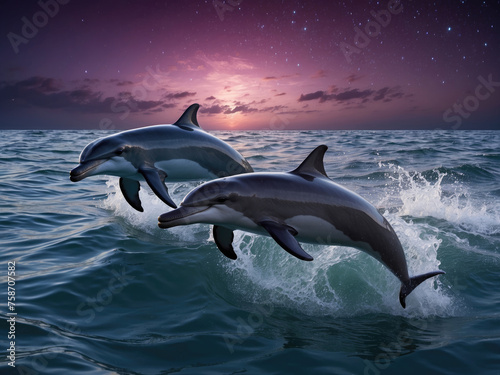 Cute dolphins jumping in ocean at star night
