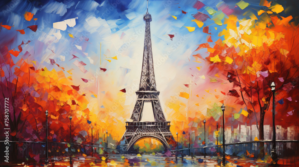 Oil painting  Eiffel Tower with abstract background