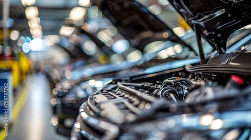 A row of car engines displayed in a manufacturing plant, showcasing the intricate machinery and automotive production line