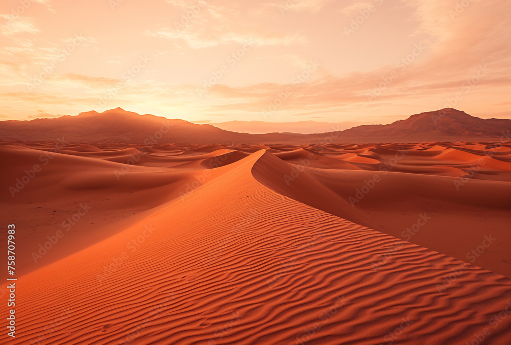 Desert landscape with sand dunes and mountains