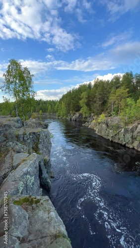 Canyon of the Nizhny Vyg river, near the Padun waterfall. A river gorge with rocks and greenery. Not far from the White Sea-Baltic Canal. Karelia, Russia 4K photo