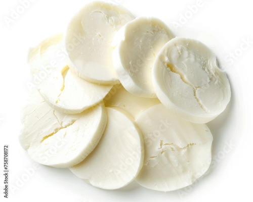 Top View of Mozzarella Cheese Slices: Isolated on White Background for Snack Lovers. High Up View of Delicious Cheese Slices