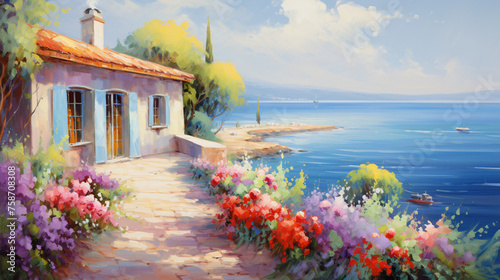 Oil painting house near the sea colorful flowers sum