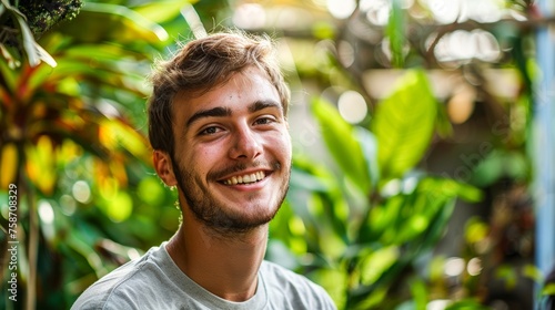 A jovial young man with a scruffy beard smiles warmly in a lush tropical setting