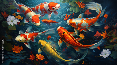 Oil Painting Koi fishes gather together ..