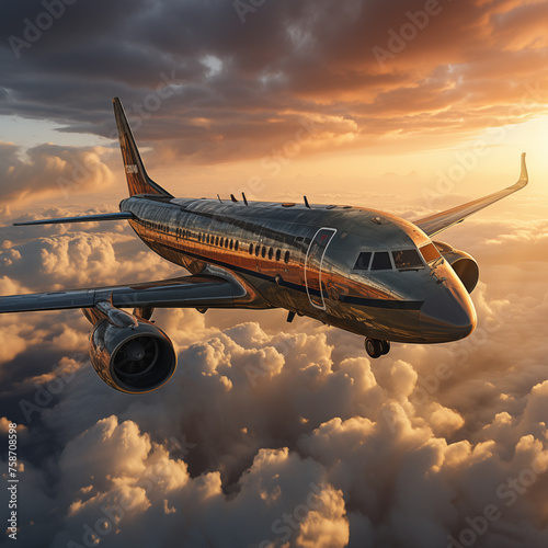 Enjoy the breathtaking view as a passenger plane soars through the colorful sunset skies above the clouds. The concept of fast and safe flights around the world Airplane Methodical Shiny Color