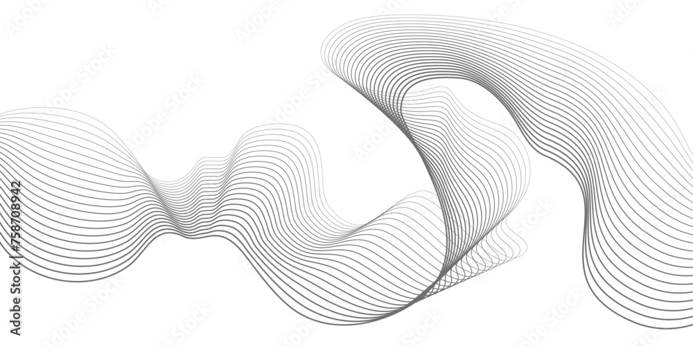 Undulate Grey Wave Swirl, frequency sound wave, twisted curve lines with blend effect. Technology, data science, geometric border. Isolated on white background. Vector illustration.