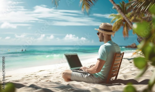 Teleworking at the beach, business, laptop, working on a laptop outside, in front of the sea, teleworking from everywhere, man siting at the beach with a laptop, working from abroad, Generative AI 