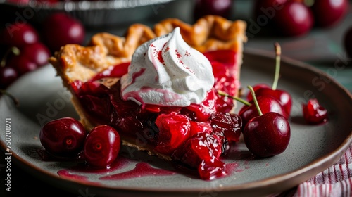 Decadent cherry pie slice topped with whipped cream, with whole cherries adorning it