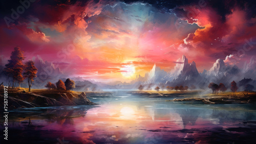 Fantasy landscape with lake and mountains at sunset. Digital painting.