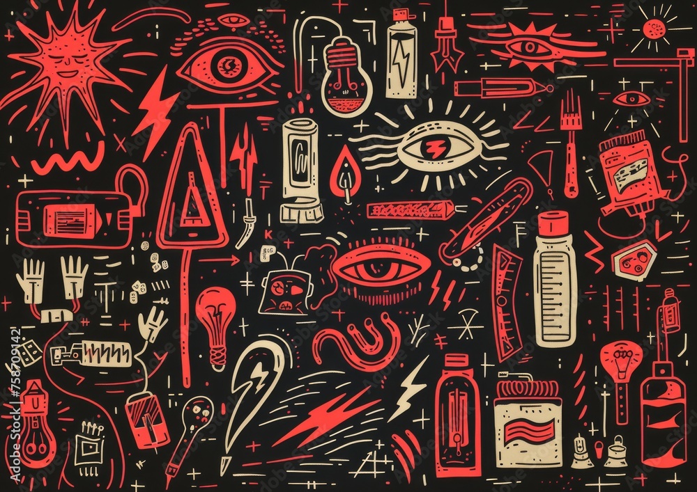Fototapeta premium Abstract doodle art with eyes and objects. A monochromatic doodle art style image, featuring eyes, light bulbs, syringes, and various abstract shapes