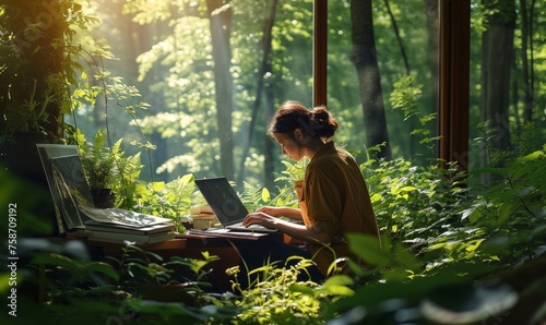 Woman working in nature, teleworking, plant a tree, woman with laptop in a forest, computer, informatic, feeling good at work, working from home, remote working, Generative AI 