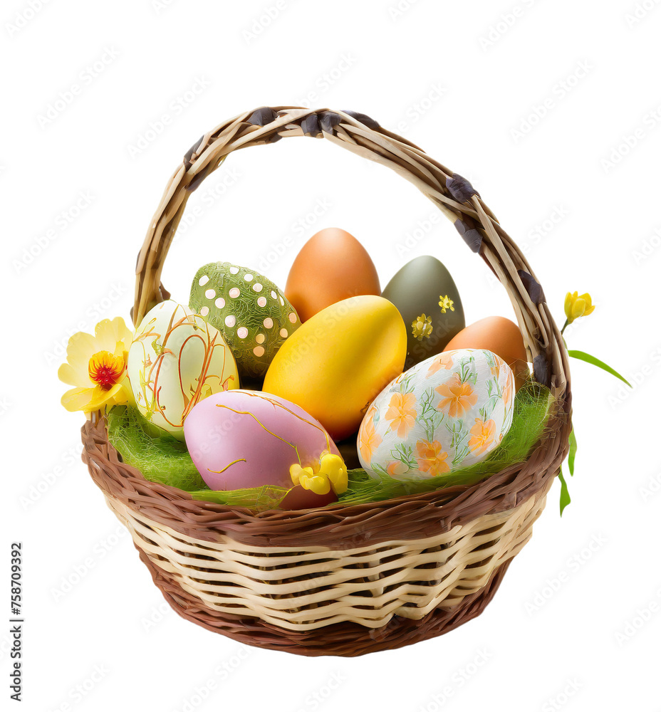 Naklejka premium Basket of Vibrant Colored Easter Egg on Transparent Background, PNG file