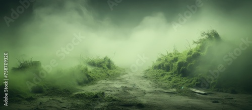 Green fog effect on the ground. White cloudiness in the background. © Lasvu