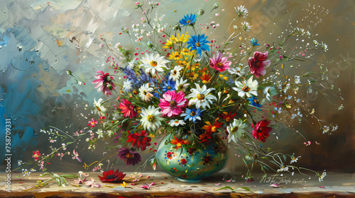 Oil painting  still life a bouquet of flowers wildflower