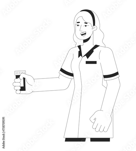 Female pharmacist holding pills bottle black and white 2D line cartoon character. Pharmacy worker caucasian woman isolated vector outline person. Selling medicine monochromatic flat spot illustration