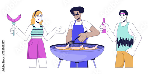 Friends cooking barbeque 2D linear cartoon characters. Multiracial neighbors at bbq party isolated line vector people white background. Grilled food at summer picnic color flat spot illustration