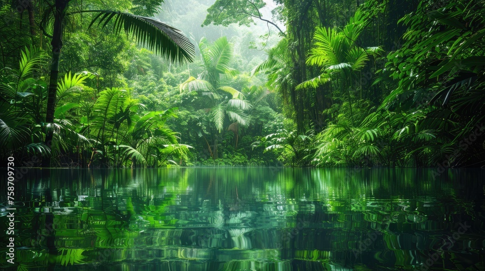 Tropical Rain Forest Landscape with Mirror-Like Water Surface - Stunning Green Jungle Background in the Amazon Rainforest