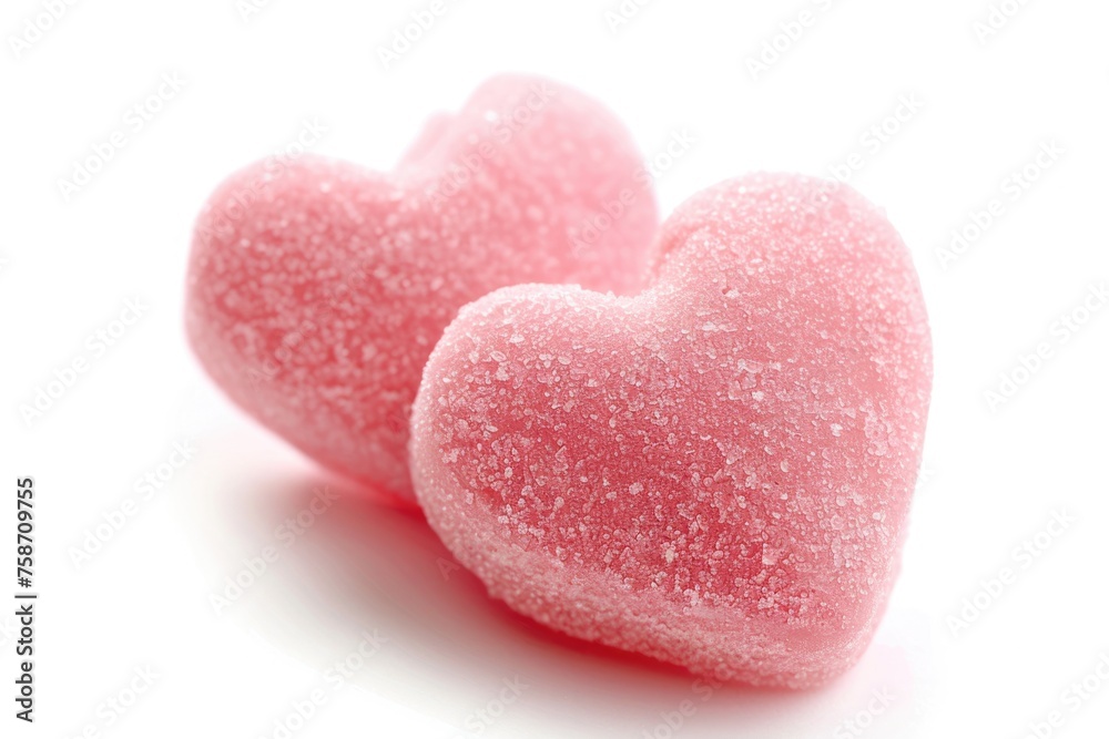 Two Pink Valentines Candy Hearts with Copy Space. Emotion-filled Hard Candies. Isolated on White for Holiday Gifting or Decorating