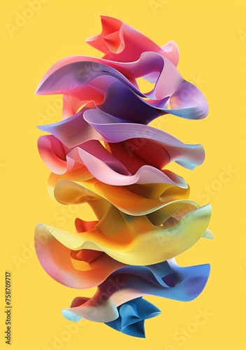 Colorful abstract twisted shapes on yellow background. Minimalistic 3D shapes