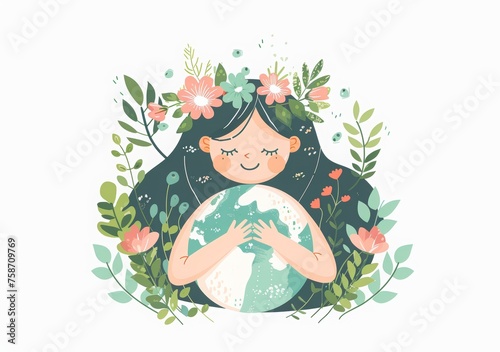 Cute cartoon vector illustration of the Earth Day concept, featuring an adorable greenhaired girl hugging planet earth with flowers and leaves around her photo