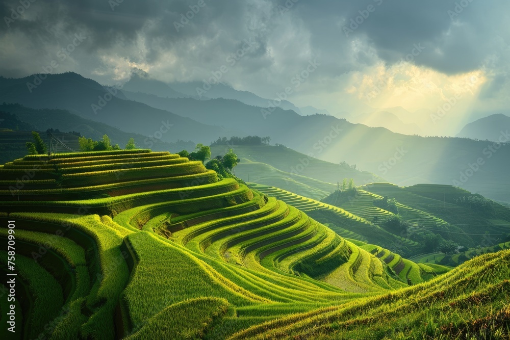Vietnam Landscape in Mu Cang Chai: Terraced Rice Fields Ready for Harvest Amidst Unspoiled Greenery and Earthy Surroundings Vietnam Landscape in Mu Cang Chai: Terraced Rice Fields Ready for Harvest Amidst Unspoiled Greenery and Earthy Surroundings