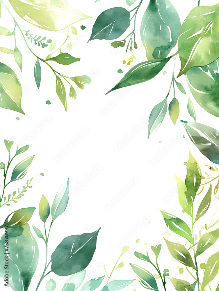Green leaves watercolor background invitation template, Generative AI Green leaves watercolor background invitation template, Generative AI