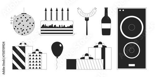 Birthday party celebration black and white 2D line cartoon objects set. Home decor, food and entertainment isolated vector outline items collection. Holiday event monochromatic flat spot illustrations