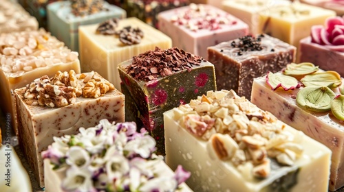 Vibrant handmade soaps decorated with natural ingredients like flowers and nuts, illustrating artisanal beauty products