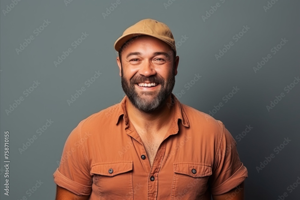 Portrait of a smiling man in cap and t-shirt against grey background Portrait of a smiling man in cap and t-shirt against grey background