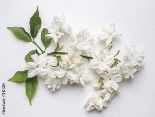 White Jasmin Flowers on Isolated White Background - Botanical Closeup of Ornamental Bunch with Tea Leaves in Formal Style