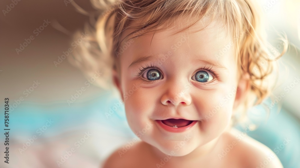 Adorable Baby With Sparkling Blue Eyes And Curly Hair Giving A Joyful 