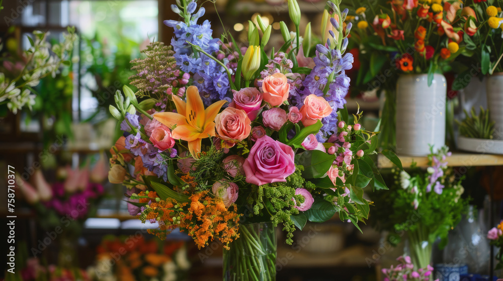 A colorful bouquet of fresh flowers including roses and lilies set against a backdrop of various flowers in a shop