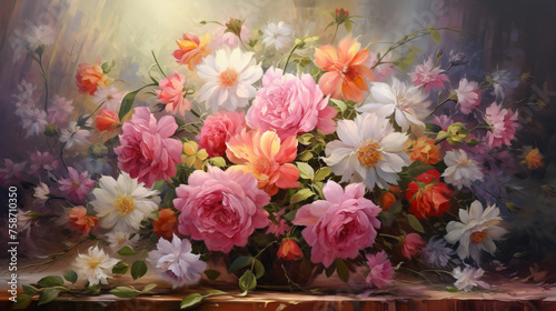 Oil painting a bouquet of flowers . 