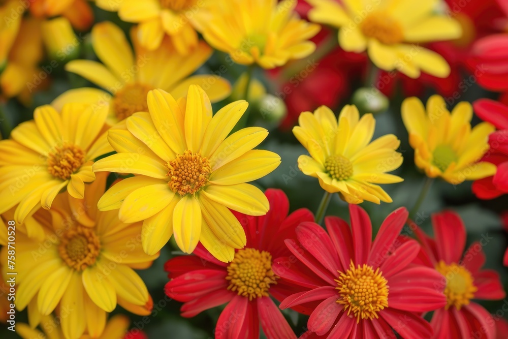 Yellow Mums in the Fall Garden. Beautiful Red and Yellow Chrysanthemums Blossom during Autumn Season in Nature's Floral Splendor Yellow Mums in the Fall Garden. Beautiful Red and Yellow Chrysanthemums Blossom during Autumn Season in Nature's Floral Splendor